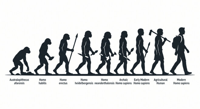 Human evolution timeline silhouette graphic showing species developmen