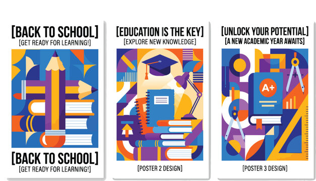 Educational school posters featuring vibrant geometric vector illustrations of academic supplies like pencils and books designed for modern classroom decor projects displayed on transparent background