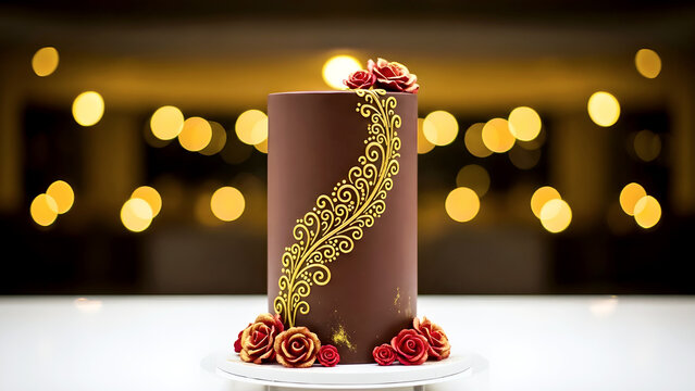 Elegant Chocolate Wedding Cake with Gold Filigree and Red Sugar Roses