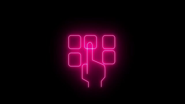 Glowing neon magenta icon of a hand cursor pointing to a grid of rounded square buttons or app tiles against a black background. Animated PIN entry keypad, touch screen selection interaction.