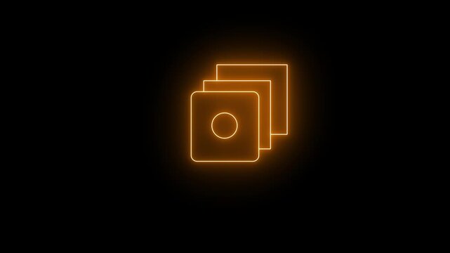 Glowing neon orange icon of stacked rounded square window tiles, with a central circular focal symbol on the frontmost tile, against a black background. 