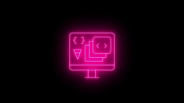 Bright neon pink icon of a desktop computer monitor on a black background, featuring programming curly braces, code brackets above layered windows, and an inverted triangle symbol.