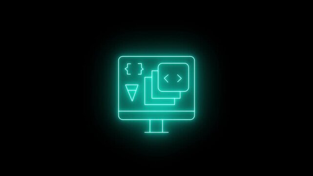 Bright neon cyan icon of a desktop computer monitor on a black background, featuring programming curly braces, code brackets above layered windows, and an inverted triangle symbol.