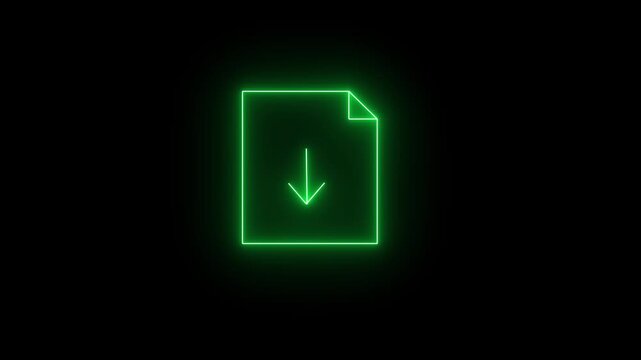 Glowing neon green icon of a document file with a folded top-right corner featuring a central downward-pointing arrow against a black background. Animated file download process, document import action