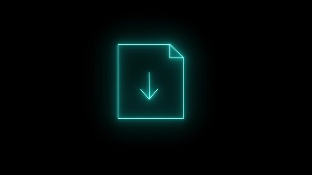 Glowing neon cyan icon of a document file with a folded top-right corner featuring a central downward-pointing arrow against a black background. Animated file download process, document import action