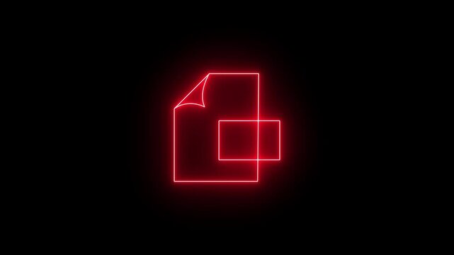Glowing neon red icon of a document file with a curled top-left page corner and a rectangular tab badge overlaying the lower-right edge against a black background. 