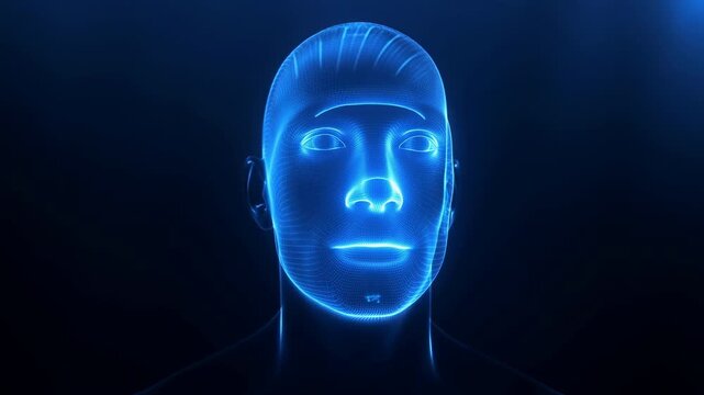 Glowing blue digital face outline remains centered on dark background while luminous lines define facial contours and create futuristic abstract motion graphic appearance with minimal composition