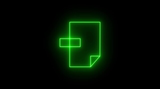 Glowing neon green icon of a document file with a folded bottom-right corner and a small horizontal rectangular tab badge attached to the left edge against a black background. 