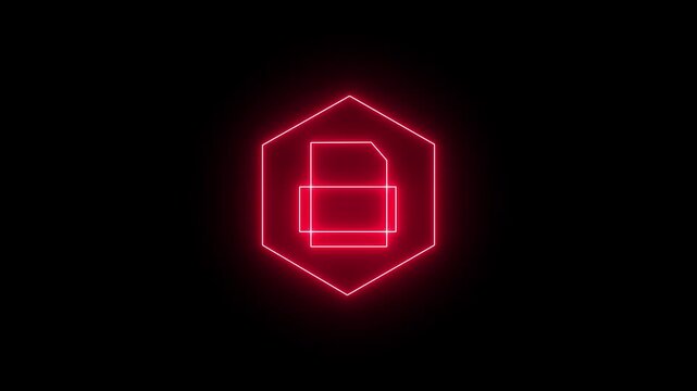 Glowing neon red icon of a document file passing through a central printing machine enclosed in a hexagonal border against a black background. 