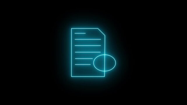 Glowing neon cyan icon of a document file with a folded corner, horizontal text lines, and an oval circle badge overlay on the lower right against a black background. 