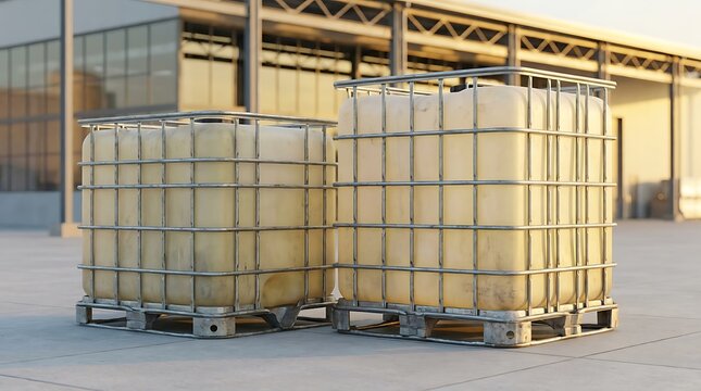 Two large plastic industrial liquid storage tanks on wooden pallets at an outdoor warehouse facility. ibc container