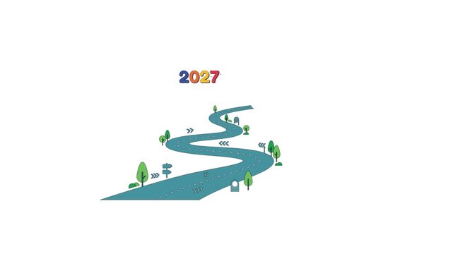 Winding road graphic animation leading toward twenty twenty seven year text sign representing future progress journey map travel concept design element for creative motion video footage