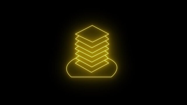 Glowing neon yellow icon of a vertical stack of isometric planes resting on an oval base against a black background. Animated data stack, software layers, cloud storage architecture.