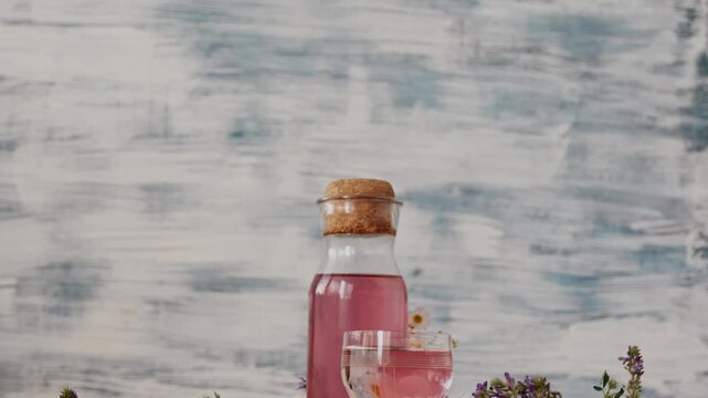 Camera tilt down to a homemade wild herbal syrup in a glass bottle with fresh colorful meadow flowers.