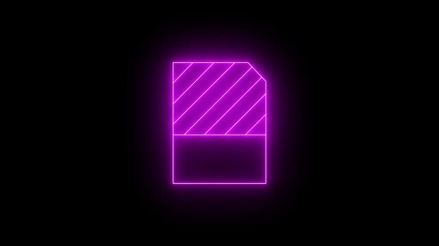 Glowing neon magenta icon of a SIM card or memory card with diagonal stripe detailing on the top half against a black background. Animated memory storage animition.