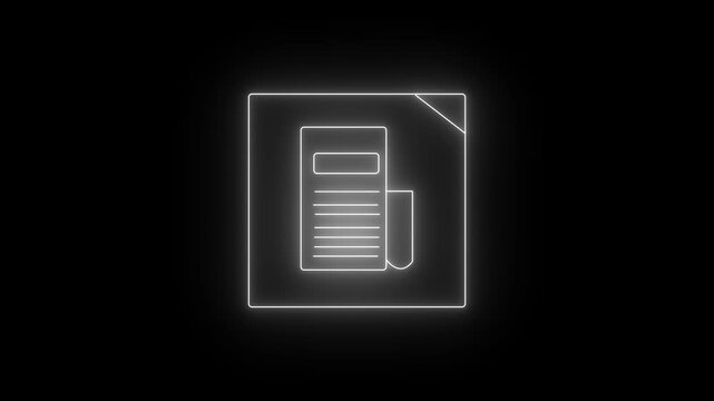 Glowing neon white icon of a newspaper or newsletter layout inside a square frame with a dog-eared top corner against a black background. Animated digital news feed, online publication
