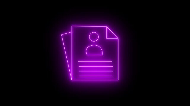 Glowing neon icon of a stack of user profile documents with a folded corner, featuring an avatar symbol and horizontal text lines against a black background. 