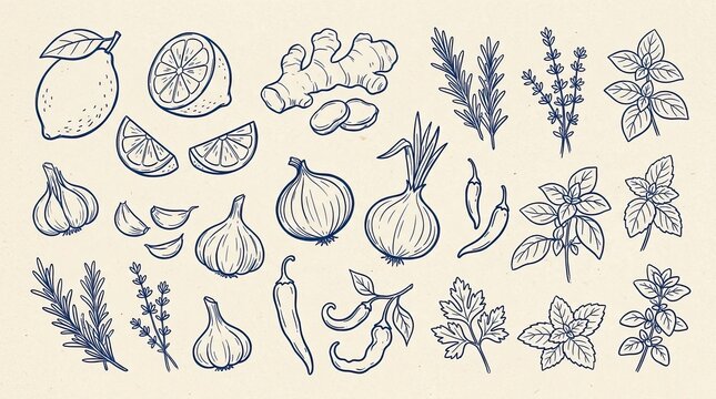 Vector drawn art vegetables and herbs collection set including lemon garlic ginger onion chili pepper basil rosemary thyme outline sketch with vegetable, collection