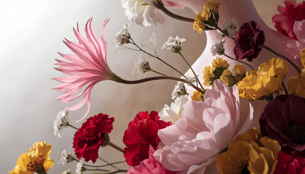 Creative floral illustration inspired by women's health and gynecology, featuring colorful flowers arranged into an elegant symbolic anatomical form with a clean, medical aesthetic and soft lighting.