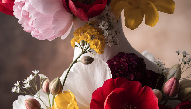 Creative floral illustration inspired by women's health and gynecology, featuring colorful flowers arranged into an elegant symbolic anatomical form with a clean, medical aesthetic and soft lighting.
