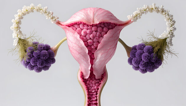 Creative floral illustration inspired by women's health and gynecology, featuring colorful flowers arranged into an elegant symbolic anatomical form with a clean, medical aesthetic and soft lighting.