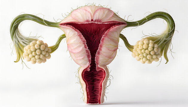 Creative floral illustration inspired by women's health and gynecology, featuring colorful flowers arranged into an elegant symbolic anatomical form with a clean, medical aesthetic and soft lighting.