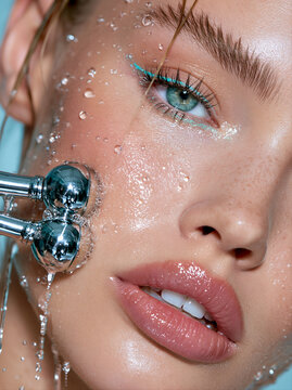 Close-up of woman's face with dual-roller microcurrent probe device. Microcurrent facial massage, skin lifting, hardware cosmetology concept. Fashion portrait for commercial poster