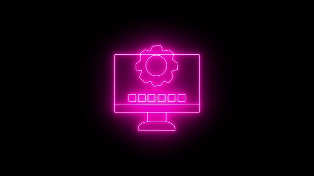 Glowing neon magenta icon of a computer monitor featuring a large central gear cog above a row of small square UI elements against a black background. 