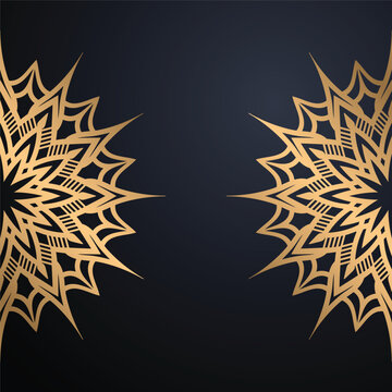Premium Metallic Gold Mandala Ornament Design Symmetrical Circular Decorative Pattern With Teardrop Petals On Deep Navy Gradient Background
