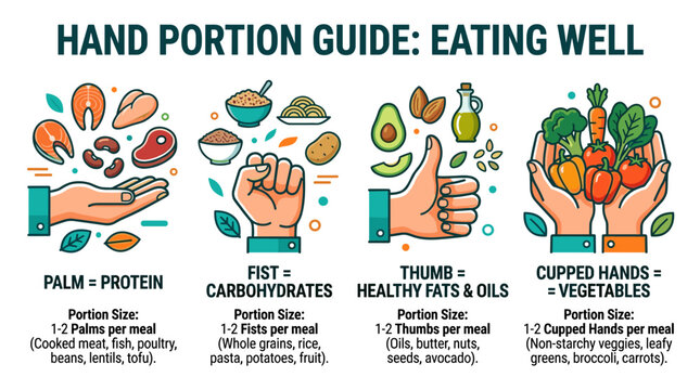 An infographic guide using hands to measure recommended portion sizes for various food groups daily