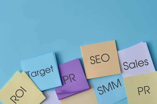 Colorful Marketing Notes with SEO, Sales, PR and SMM