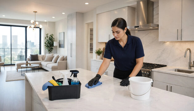 Professional cleaner wiping kitchen countertop with blue cloth and cleaning caddy nearby cleaning countertop professional housekeeper housework sanitizing supplies interior residential