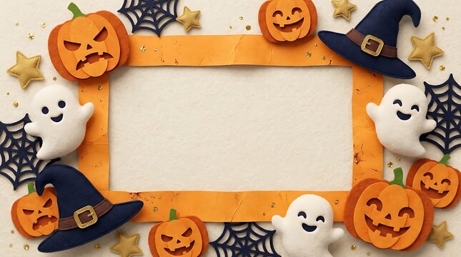 Halloween frame with pumpkins, ghosts, witch hats and spider webs