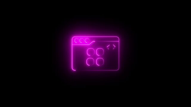 Bright neon magenta icon of a web browser window with grid menu layout and code brackets on a black background. Animated web development, app interface design.