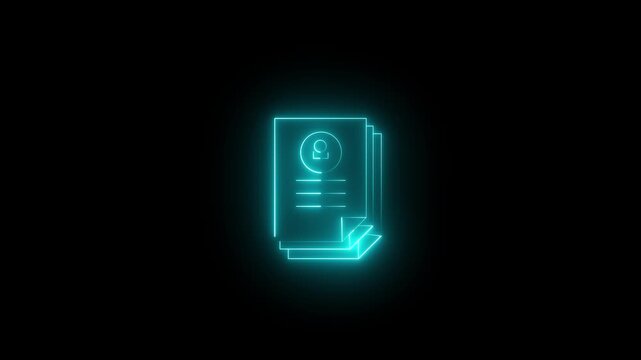 Glowing neon cyan icon of a stack of profile documents featuring a user avatar inside a circle badge and text lines against a black background. Animated applicant profiles, candidate files.
