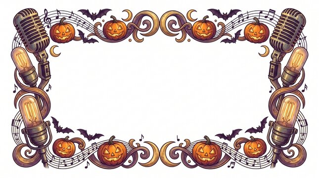 Vintage Halloween music frame with microphones and pumpkins, spooky karaoke border with bats and musical notes, retro concert invitation background