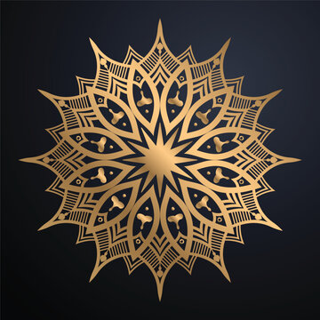Elegant Metallic Gold Circular Mandala Background Featuring Layered Starburst Floral Core Chevron Pattern Rings And Geometric Decorative Artwork
