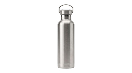 Shiny metallic reusable water bottle standing upright against a clean white background for hydration product marketing © Pro Grafix