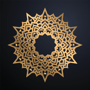 Premium Metallic Bronze Gold Mandala Ornament Design Symmetrical Circular Floral Pattern With Intricate Petal Details On Deep Navy Gradient Background
