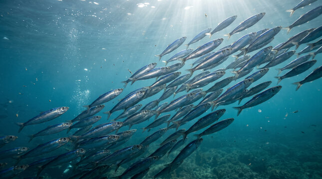 School of herring swimming together in blue ocean water with sunlight rays. Concept of school of fish, underwater, fish shoal, marine life, sea life, aquatic, underwater photography. Copy space.