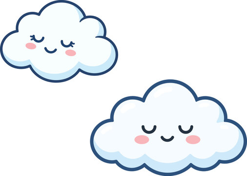 Two cute happy cartoon clouds with smiling faces isolated on transparent background