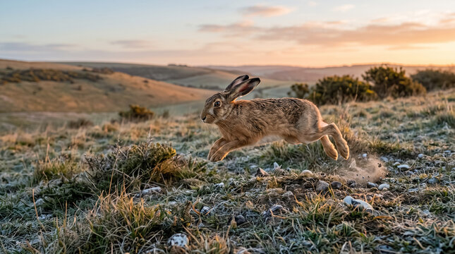 Wild hare jumping fast across grassy field during golden hour sunrise in countryside landscape. Concept of fast running, wildlife animal. Copy space.