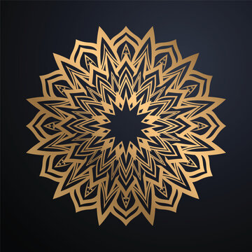 Elegant Decorative Gold Mandala Background Luxury Circular Ornament With Spiral Chevron Motifs On Deep Navy Gradient High Contrast Graphic Artwork
