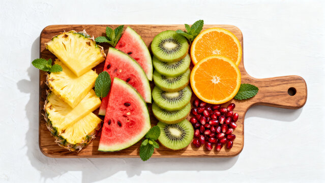 Colorful fresh fruit platter with pineapple watermelon and kiwi