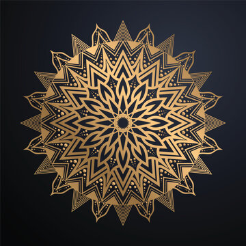 Premium Islamic Style Gold Mandala Background Elegant Metallic Circular Ornament Symmetrical Decorative Pattern Dark Charcoal Navy Gradient Artwork
