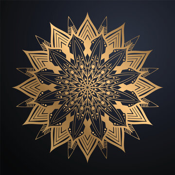 Premium Islamic Style Gold Mandala Background Intricate Circular Ornament With Teardrop Cutouts Geometric Lattice And Metallic Decorative Finish

