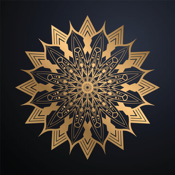 Luxury Metallic Gold Mandala Background Elegant Circular Ornamental Emblem With Teardrop Petal Starburst On Dark Navy Blue Gradient Premium Decorative Design
