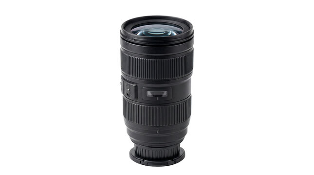 Professional camera zoom lens standing upright against a clean white background for high quality photography gear