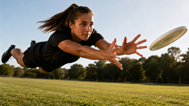 Athletic woman diving mid-air to catch flying ultimate frisbee disc during outdoors field sports match training. Concept of sports action, player, grass field. Copy space.