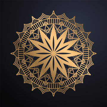 Luxurious Geometric Gold Mandala Emblem Illustration Decorative Circular Starburst Pattern Metallic Finish Dark Navy Blue Premium Background Design
